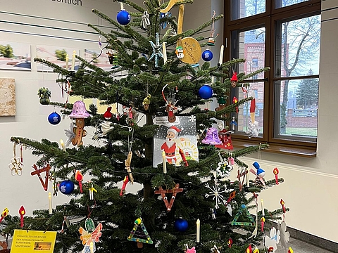 Kinder aus dem Fröbel-Kindergarten Musikus in Senftenberg schmückten einen Weihnachtsbaum für das Sana Klinikum Niederlausitz.
