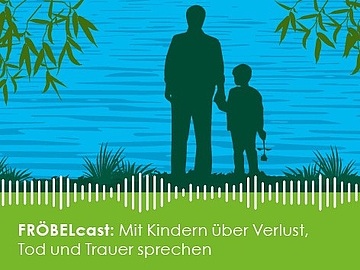 Illustration: Eine erwachsene Person und ein Kind stehen an einem Gewässer und blicken darauf. Das Kind hat eine Blume in der Hand. 